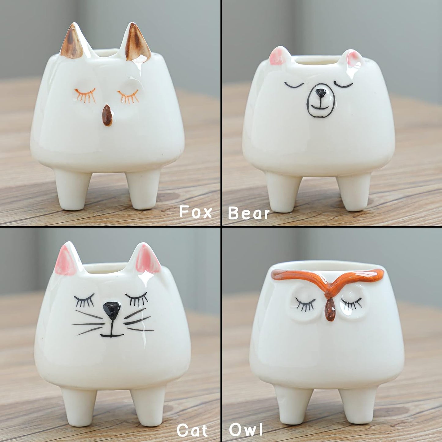 ARTKETTY 8 Pcs Succulent Pots with Drainage, Small Cartoon Animal Planters Ceramic Planter Pot for Indoor Cactus Plants Mini Cute Flower Plant Container for Desk Windowsill Decoration