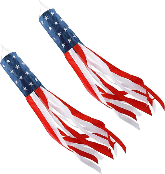 2 Pack American Flag Windsock, 4th of July Patriotic Decorations, Embroidered Stars - Fade