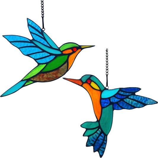 2 Packs Stained Glass Hummingbird Suncatcher Window Hanging Ornament, Stained Glass Birds