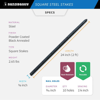 Sandbaggy Square Steel Concrete Form Stakes with Nail Holes - 5/8" Wide - Rust Resistant Coating - Removable, Reusable - Construction Grade Stakes (24 inch, 10)