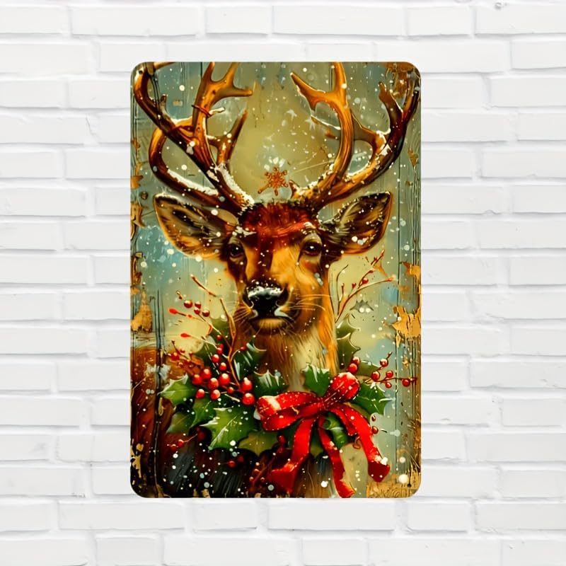 Vintage Christmas Reindeer Metal Tin Sign - Festive Iron Wall Art for Home, Bar, Cafe & Garage Decor, 12x8 inches