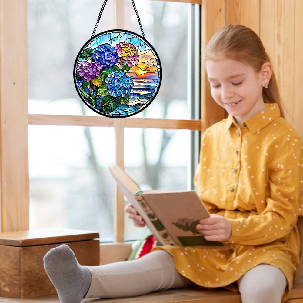 Floral Stained Glass Window Hanging, Flower Suncatcher Window Hanging Ornament, Diamond Glass Ornament Decor, Botanical Glass Panel, Home Decoration Gifts for Housewarming, Wedding, Birthday Parties