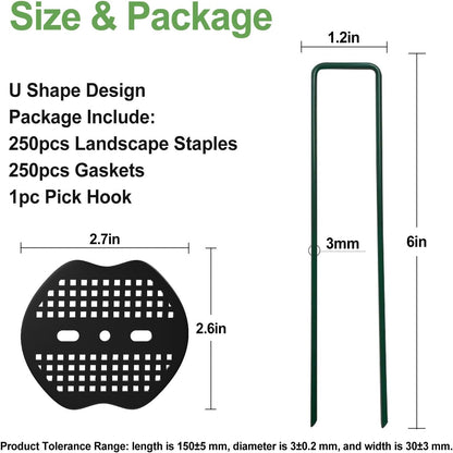 FOTMISHU Landscape Staples 6Inch 250pcs Garden Stakes + 250pcs Gasket, Lawn Pins with Spray Coating Craft,11Gauge Anti-Rust Ground Yard Spikes Anchoring for Outdoor Tents Irrigation Hoses (Green)