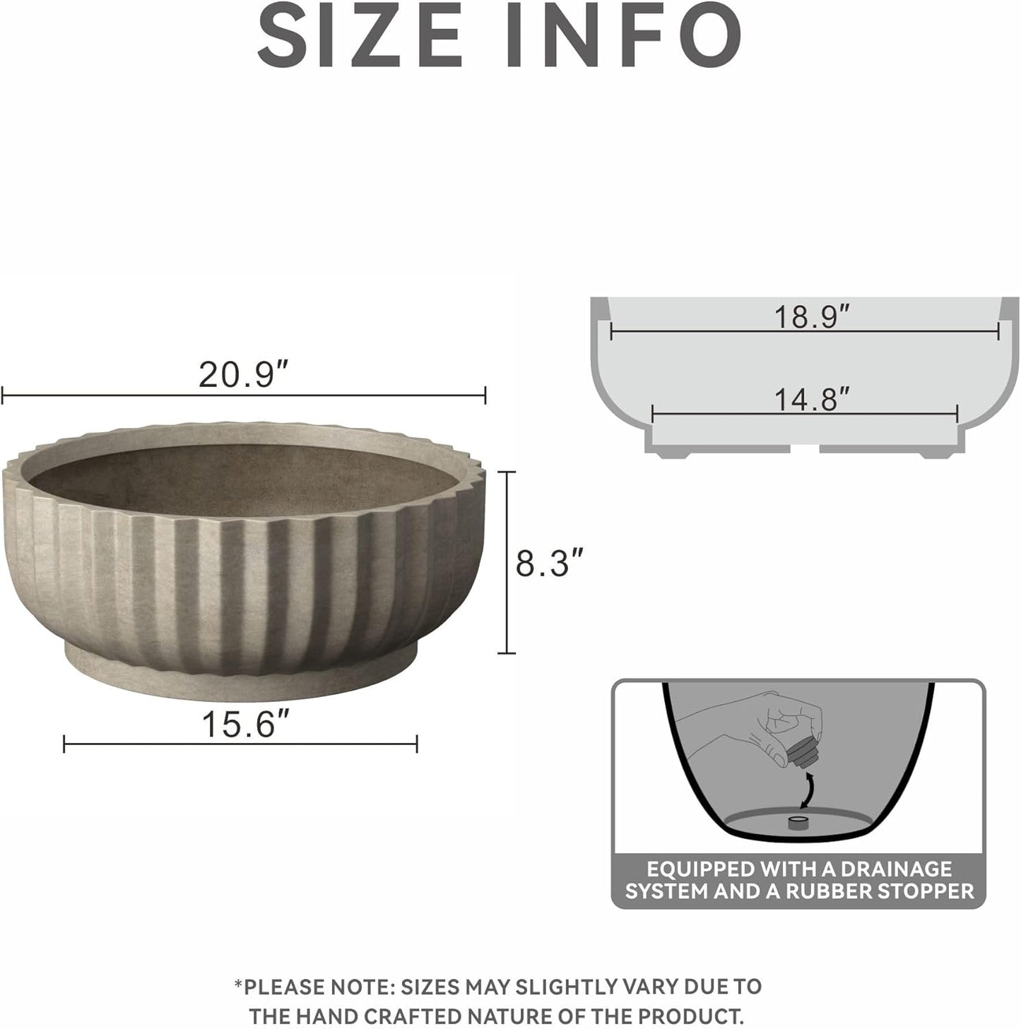 Kante Round Fulted Bowl Planter, 20.9 Inch Dia Large Concrete Flower Pots with Drainage Hole and Rubber Plug, Suitable for for Indoor Outdoor Plants, Home, Patio, Garden, Weathered Concrete