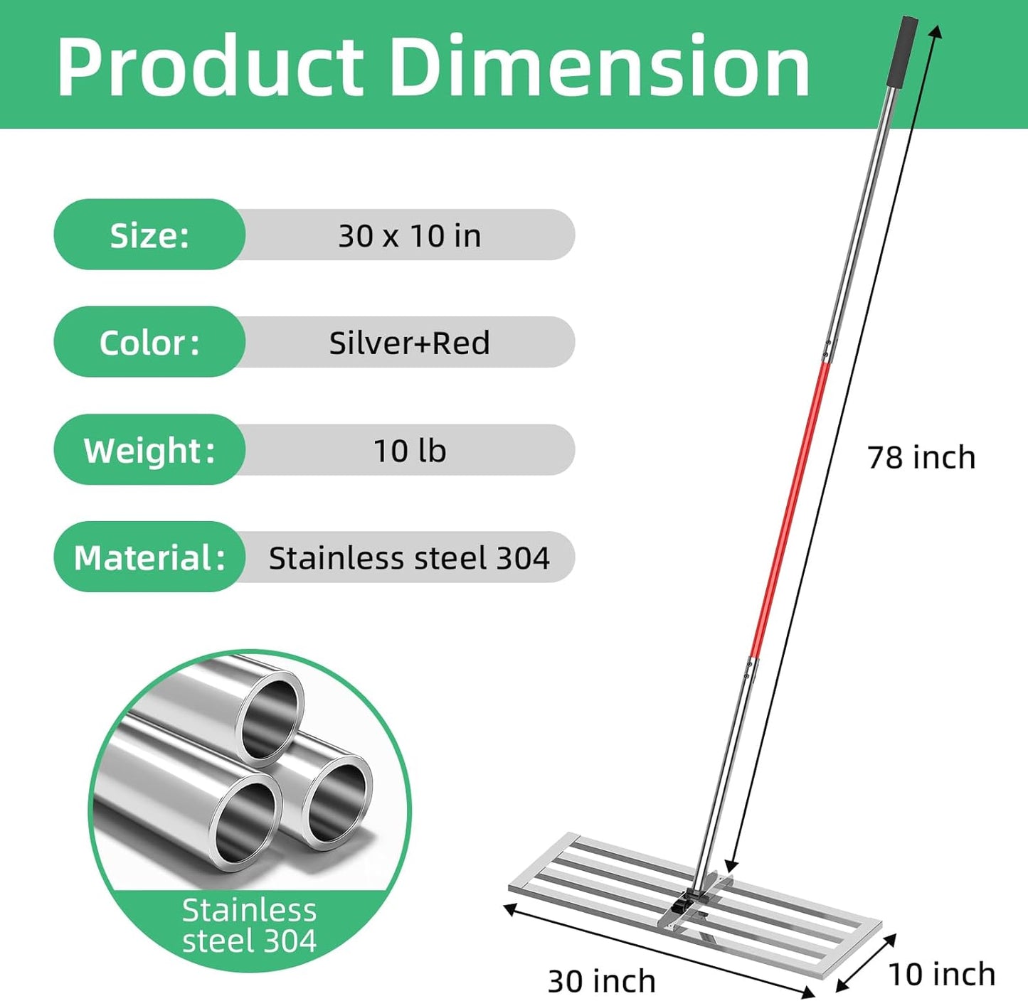 Lawn Leveling Rake 30"x10", Heavy-Duty Stainless Steel Yard Leveling Rake, Professional Soil Leveling Tool for Pastures, Golf Lawns, Gardens, Yards (Silver)