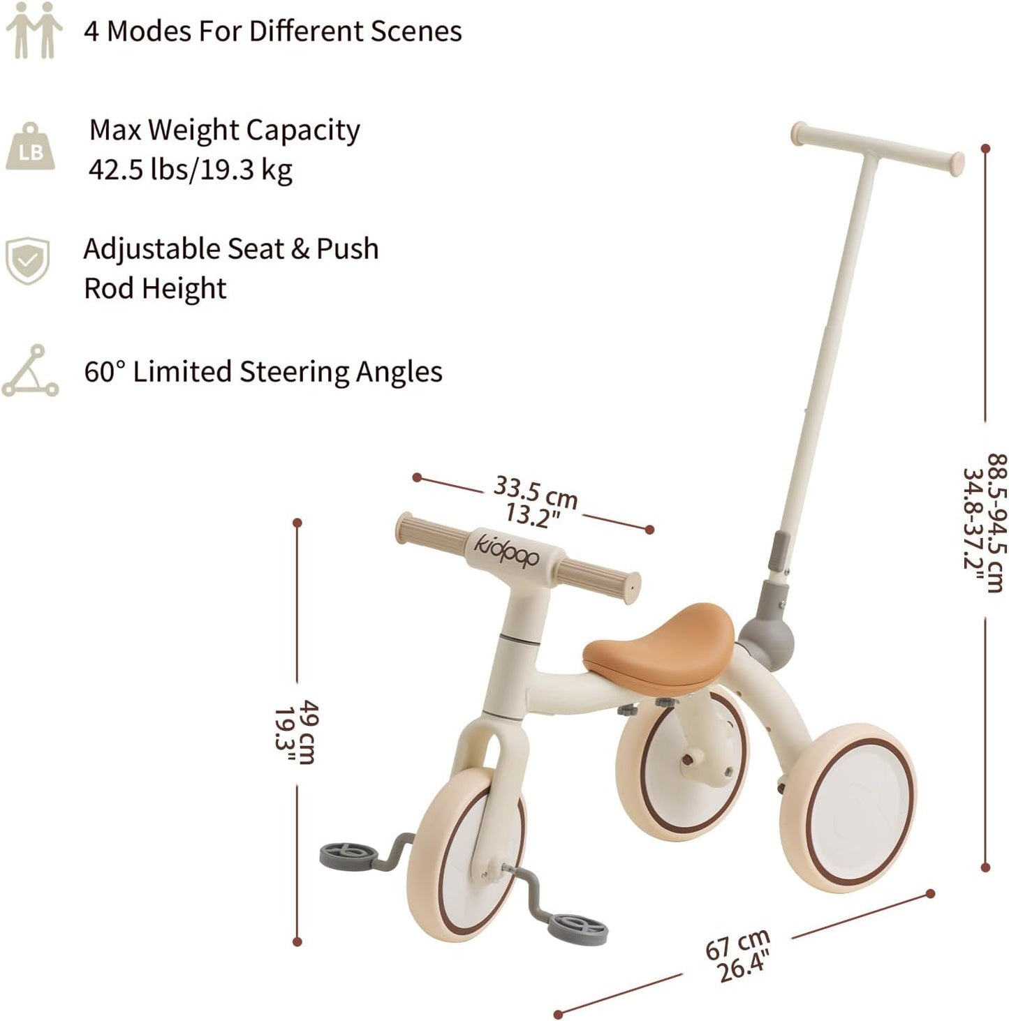 4-in-1 Toddler Tricycle with Adjustable Push Handle for 1-4 Year Old,Birthday Gift and Toy for Boys and Girls Removable Pedals Balance Bike&Scooter (White)