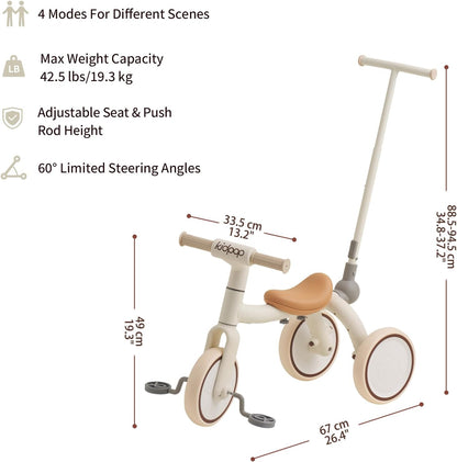 4-in-1 Toddler Tricycle with Adjustable Push Handle for 1-4 Year Old,Birthday Gift and Toy for Boys and Girls Removable Pedals Balance Bike&Scooter (White)