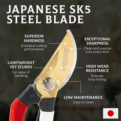 Gardeness Titanium Plating Japanese Pruning Shears, Professional Bypass Heavy Duty Garden Pruner Secateurs – Lightweight Easy Grip Branch Clippers Hand Pruners for Gardening, Trimming, Harvesting.