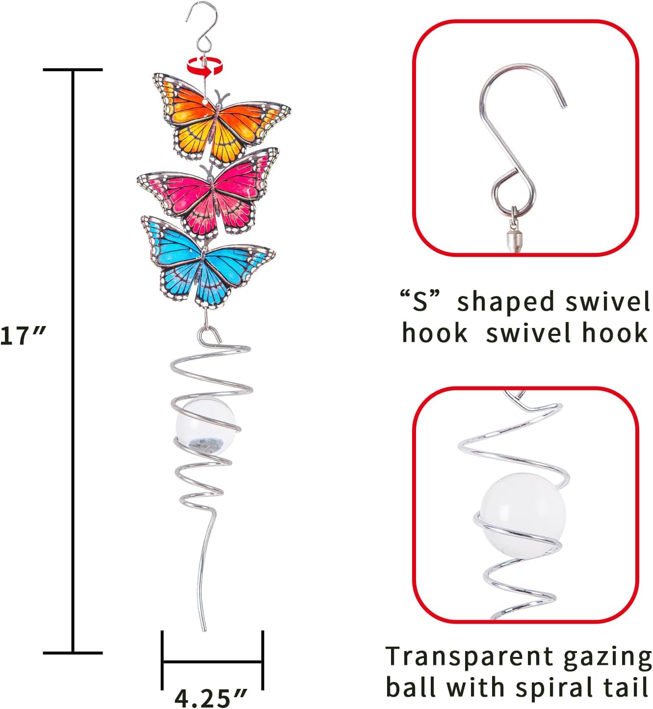 18" Wind Spinner Hanging Metal Figurine Spinner with Glass Ball for Garden Décor, Wind Sculptures & Spinners for Indoor Outdoor Garden Ornament, Butterfly