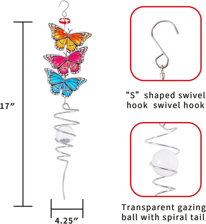 18" Wind Spinner Hanging Metal Figurine Spinner with Glass Ball for Garden Décor, Wind Sculptures & Spinners for Indoor Outdoor Garden Ornament, Butterfly