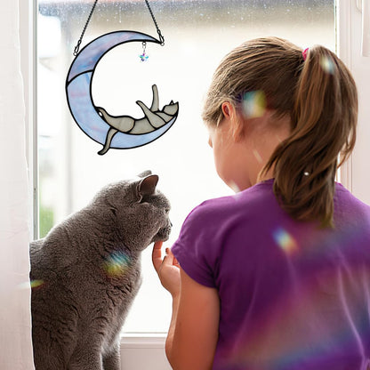 Colorful Crystal Star Grey Cat Decor,Stained Glass Suncatcher for Window Hanging,Birthday Gifts for Cat Lovers Suncatcher Indoor Window, for Women
