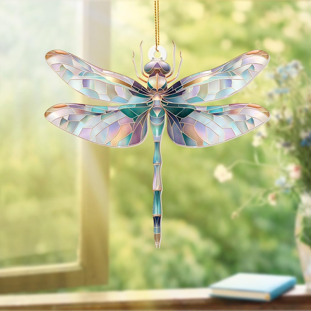 Dragonfly Ornament Stained Glass Style – Acrylic Window Hanging Suncatcher, Car Rearview Mirror Charm, Whimsical Holiday Christmas Tree Ornament, Unique Dragonfly Gifts for Women, Mom, Teacher(Sun-13)