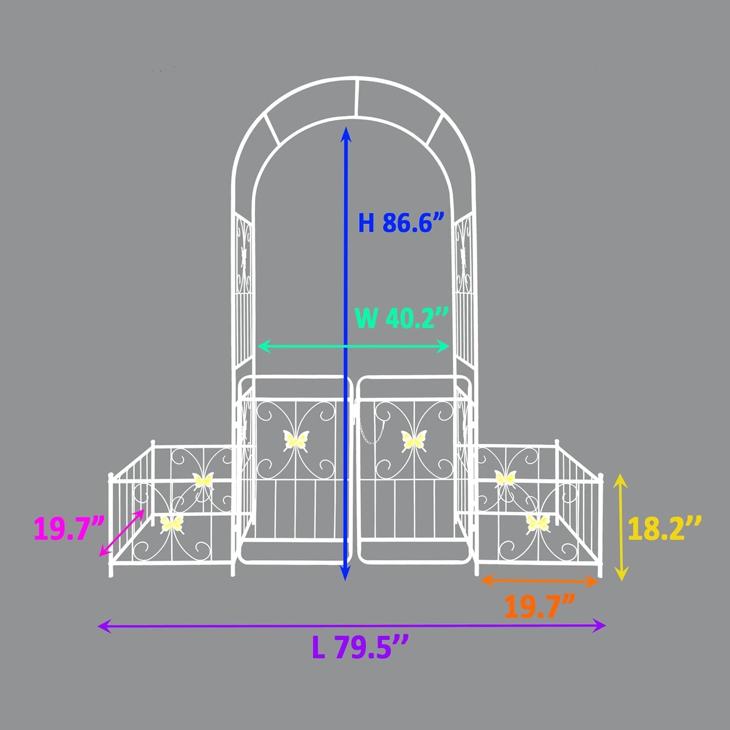 Metal Garden Arbor Arch with Gate and Plant Box, 86.6" H Heavy Duty Garden Trellis with Butterfly Decor for Outdoor Climbing Plants Support, Cream White