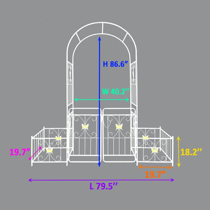 Metal Garden Arbor Arch with Gate and Plant Box, 86.6" H Heavy Duty Garden Trellis with Butterfly Decor for Outdoor Climbing Plants Support, Cream White