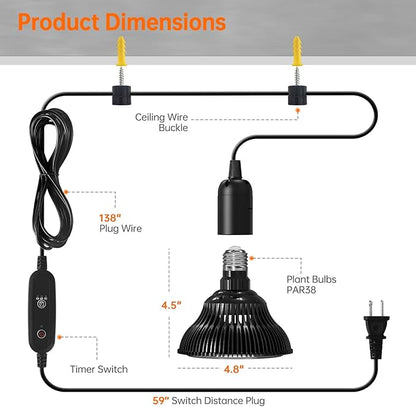 Bstrip Hanging Grow Light for Indoor Plants Full Spectrum, Black Plant Bulb with Optical Lens for Enhanced PPFD, Pendant Grow Light with Timer, 16.4 FT Power Cord, Perfect for Tall Plants and Flowers