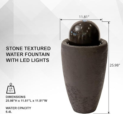 XBrand 25.98" H Round Stone Indoor/Outdoor Modern Stone Textured Sphere Water Fountain with LED Lights, Ball Fountain Decor for Garden, Patio, Outdoor, Brown