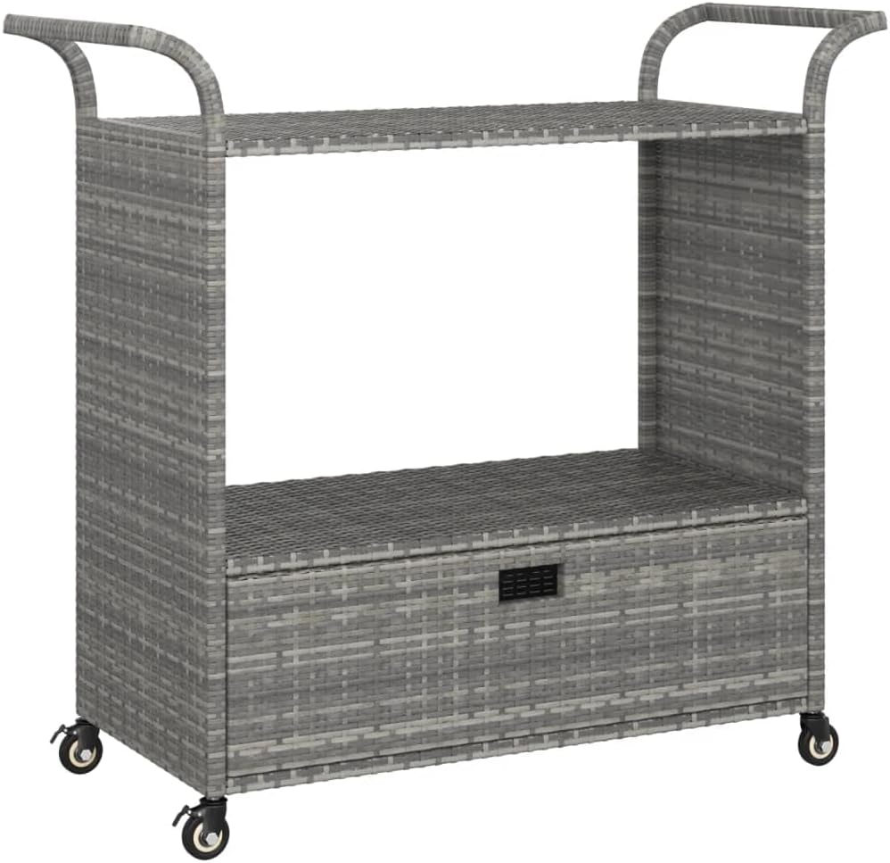 Outdoor Rolling Wicker Bar Cart with Drawer, Portable Bar Cart with Wheels, Patio Kitchen Island Cart for Pool Deck Backyard, Gray 39.4"x17.7"x38.2" Poly Rattan -461