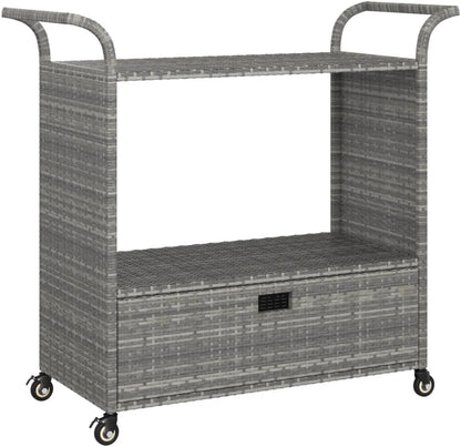 Outdoor Rolling Wicker Bar Cart with Drawer, Portable Bar Cart with Wheels, Patio Kitchen Island Cart for Pool Deck Backyard, Gray 39.4"x17.7"x38.2" Poly Rattan -461