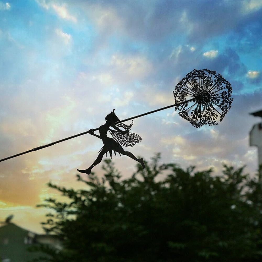 Flower Fairy Dancing with Dandelion Garden Art Sculpture Stainless Steel Statue Christmas Halloween Decoration for Outdoor Yard Courtyard Lawn Patio Metal Ornaments (Long Travel)