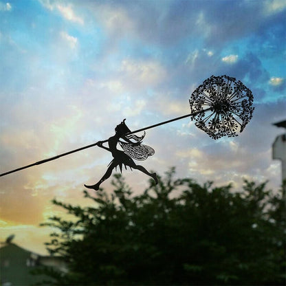 Flower Fairy Dancing with Dandelion Garden Art Sculpture Stainless Steel Statue Christmas Halloween Decoration for Outdoor Yard Courtyard Lawn Patio Metal Ornaments (Long Travel)