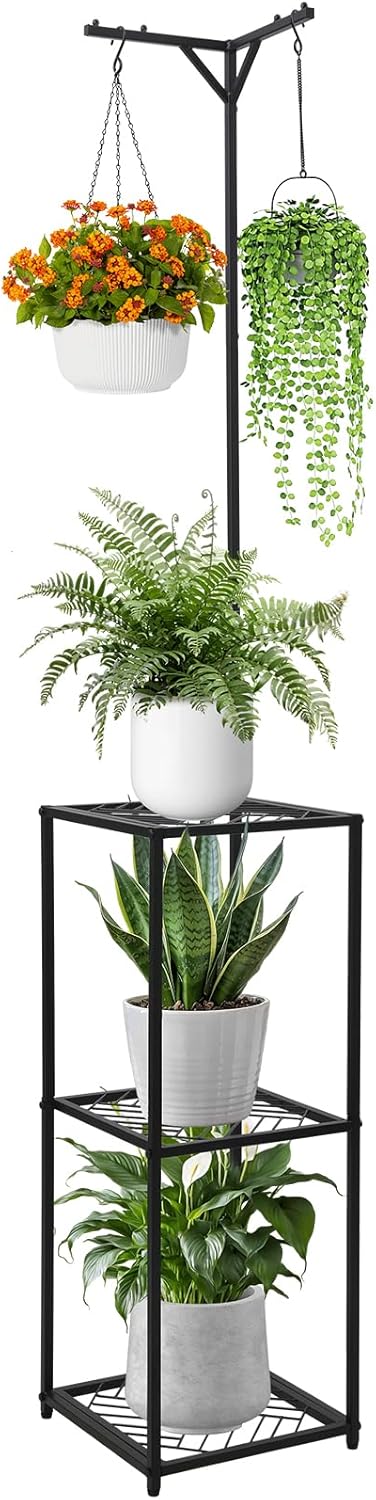 3-Tier Hanging Plant Stand Indoor Outdoor - 67" Tall Corner Shelf for 5 Potted Flowers,Square Planter Holder Metal Display Rack for Living Room, Balcony, Garden,Space-Saving Standing Plant Hanger