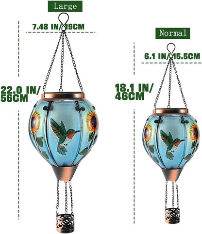 Hot Air Balloon Solar Lantern - Large Hummingbird Glass Lantern, Simulated Flickering & Dancing Flame, Outdoor Hanging Sunflower Yard Light Waterproof IP65 for Patio Lawn Porch Decor Gift