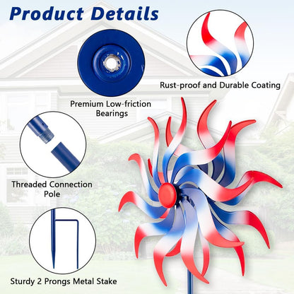 Wind Spinners Outdoor, 15 Inch Dia Metal Wind Sculpture & Spinner, Red White Blue Patriotic Kinetic Windmill for Garden Yard, 4th of July Independence Day Decor, 58" Tall