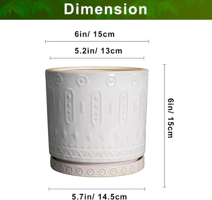 Pot for Plants 6 Inch - Ceramic Planter for Indoor Plants Decorative Plant Pot with Drainage Holes and Saucer Outdoor Flower Pot Modern Succulent Pots for Office Desk Decor White