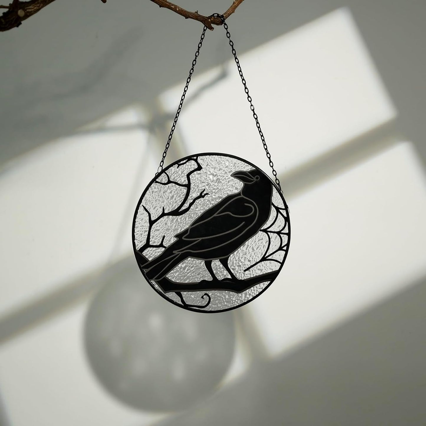 Raven Stained Glass Suncatcher Window Hanging Decoration, Halloween Gothic Black Crow Glass Ornament for Window, Home, Kitchen, Living Room Decor