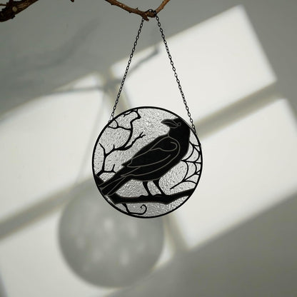 Raven Stained Glass Suncatcher Window Hanging Decoration, Halloween Gothic Black Crow Glass Ornament for Window, Home, Kitchen, Living Room Decor