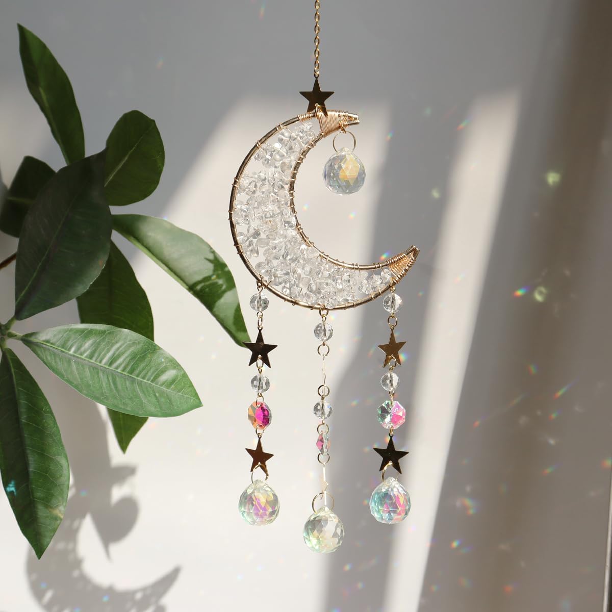 Moon Suncatcher Hanging Decor, Boho Chic Clear Quartz Crystal Sun Catcher, Spritual Sun Light Catcher for Windows, Crescent Moon Housewarming Gift(Clear Quartz)