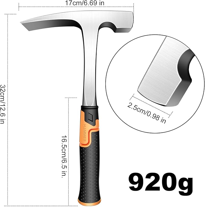 Mason's/Bricklayer'sHammer-32 oz Brick Hammer Masonary Tool- Forged one piece Steel Construction&shock reduction handle（12.7inch）