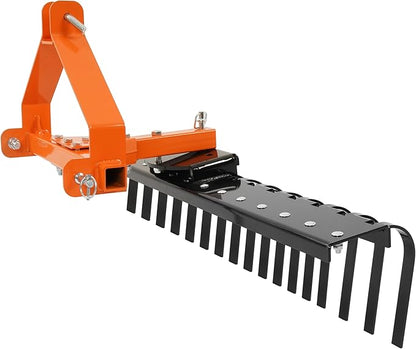 KUAFU 50" 3 Point Landscape Rock Rake for Category-0 Cat-0 Tractor with 360° Rotation Replaceable Spring Tines and Pin Hitch Rock Attach Rake Tow Behind Dethatcher for Garden Lawn Care, Farm, Grass