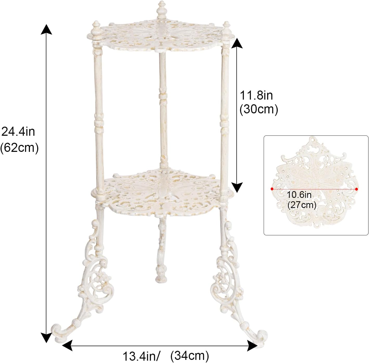 Sungmor Vintage Cast Iron 2-Tier Plant Stand, Elegant Butterfly & Floral Design with Antique White Finish, 24 Inch Tall Rustic Flower Pot Holder, Heavy Duty Metal Display Shelf for Indoor and Outdoor