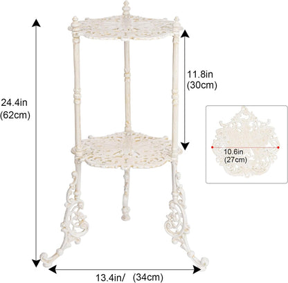 Sungmor Vintage Cast Iron 2-Tier Plant Stand, Elegant Butterfly & Floral Design with Antique White Finish, 24 Inch Tall Rustic Flower Pot Holder, Heavy Duty Metal Display Shelf for Indoor and Outdoor