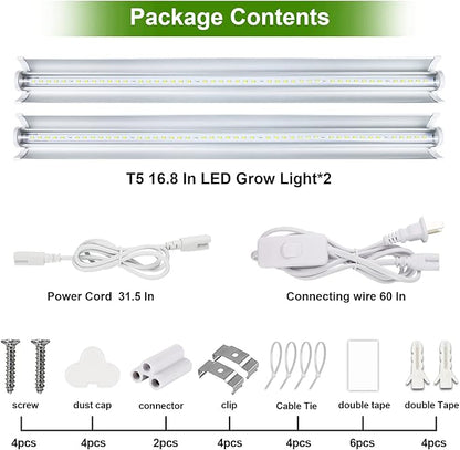 Grow Light T5 1.4Ft (2pcs x 10 Watts),5000k White Full Spectrum LED Lamp Plant Light Strips for Indoor Plant Growing,End-to-End Connectable with V-Shaped Reflector