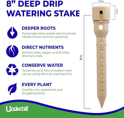 Underhill Deep Drip Irrigation Stakes 8-Inch, Watering Spikes for Trees, Flowers, Fruits, and Small Plants, Drip System Tubes, A-DD08-25, Case of 25