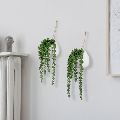 MyGift Artificial Faux String of Pearls Plants in White Ceramic Wall Hanging Planter Pot with Jute Rope, Set of 2
