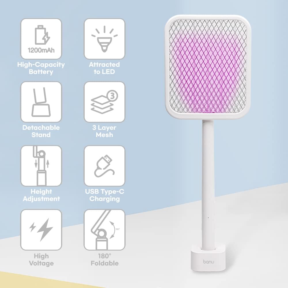 BANU Electric Fly Swatter Bug Zapper Racket, 180-Degree Folding, Adjustable 2-in-1 Mosquito Killer Lamp, Rechargeable 1200mAh Battery, 3-Layer Safety Mesh, Suitable for Indoor and Outdoor Use