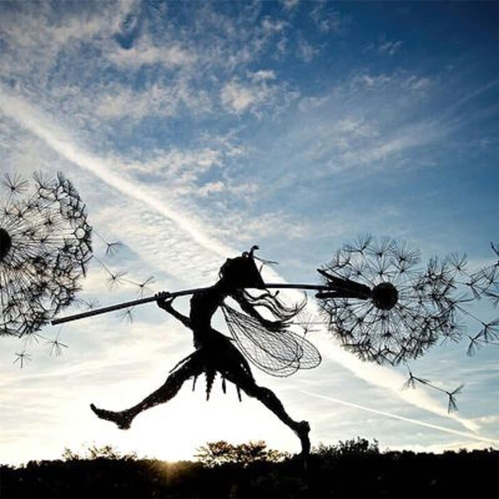 Flower Fairy Dancing with Dandelion Garden Art Sculpture Stainless Steel Statue Christmas Halloween Decoration for Outdoor Yard Courtyard Lawn Patio Metal Ornaments (Long Travel)