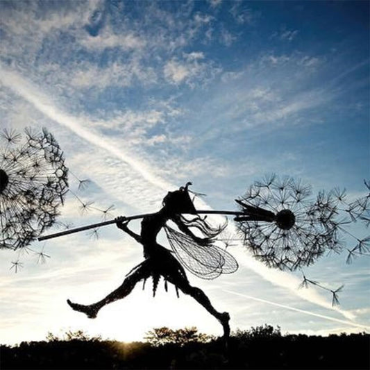 Flower Fairy Dancing with Dandelion Garden Art Sculpture Stainless Steel Statue Christmas Halloween