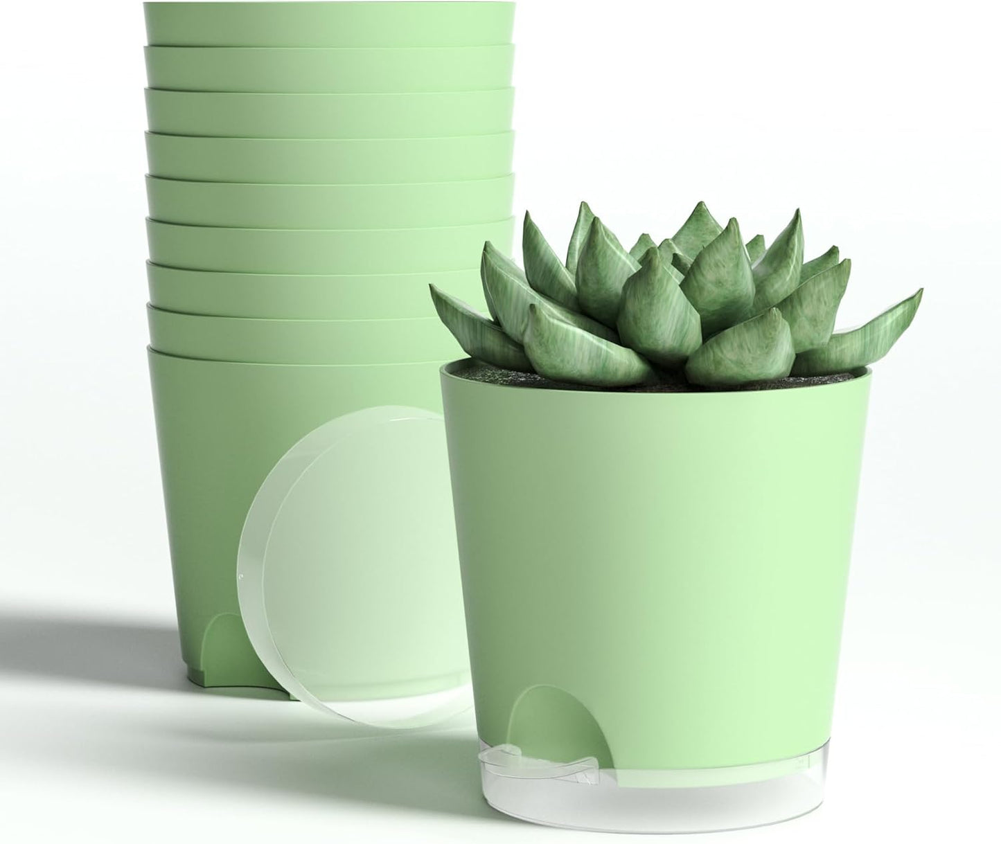 4 Inch 10 Pack Small Self Watering Pots for Indoor Plants, Nursery Pot with Drainage Holes and Saucers, Plastic Small Flower Planter for Succulent, Aloe, Cacti and More (Green)