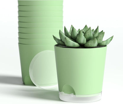 4 Inch 10 Pack Small Self Watering Pots for Indoor Plants, Nursery Pot with Drainage Holes and Saucers, Plastic Small Flower Planter for Succulent, Aloe, Cacti and More (Green)