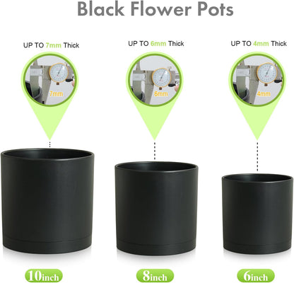 10/8/6 inch Large Deep Plant Pots for Outdoor Indoor Plants, 3 Pack Tall Cylinder Flower Pots with Drainage Holes and Saucers, Big Plastic Planter Pots for Garden House Porch, Black