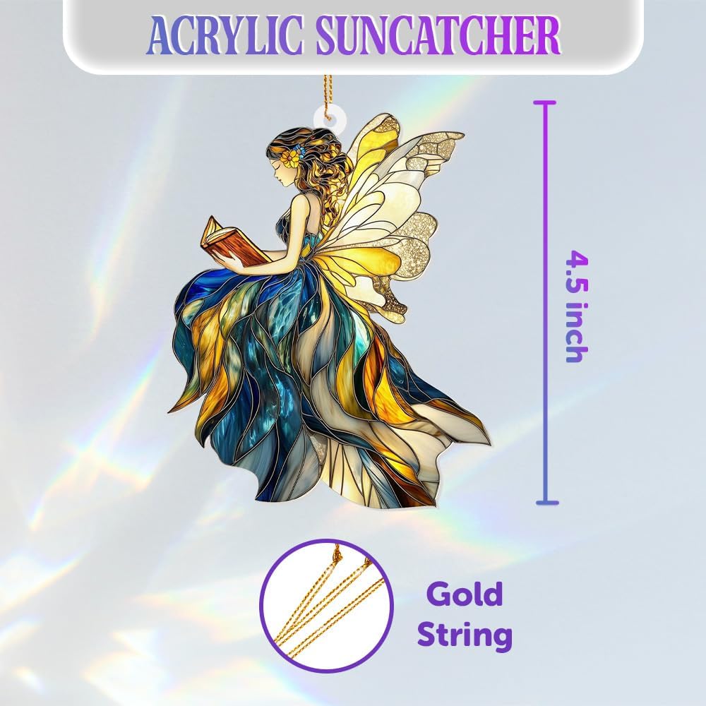 Reading Fairy Book Ornament – Stained Glass Style Acrylic Christmas Ornament, Book Lover Gift for Women, Teacher & Librarian Book Club Decorations, Fantasy Ornament Holiday Décor(Sun-01)