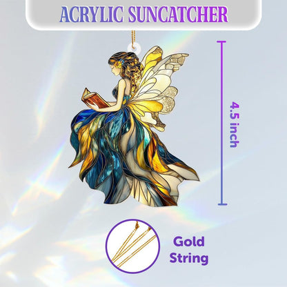 Reading Fairy Book Ornament – Stained Glass Style Acrylic Christmas Ornament, Book Lover Gift for Women, Teacher & Librarian Book Club Decorations, Fantasy Ornament Holiday Décor(Sun-01)
