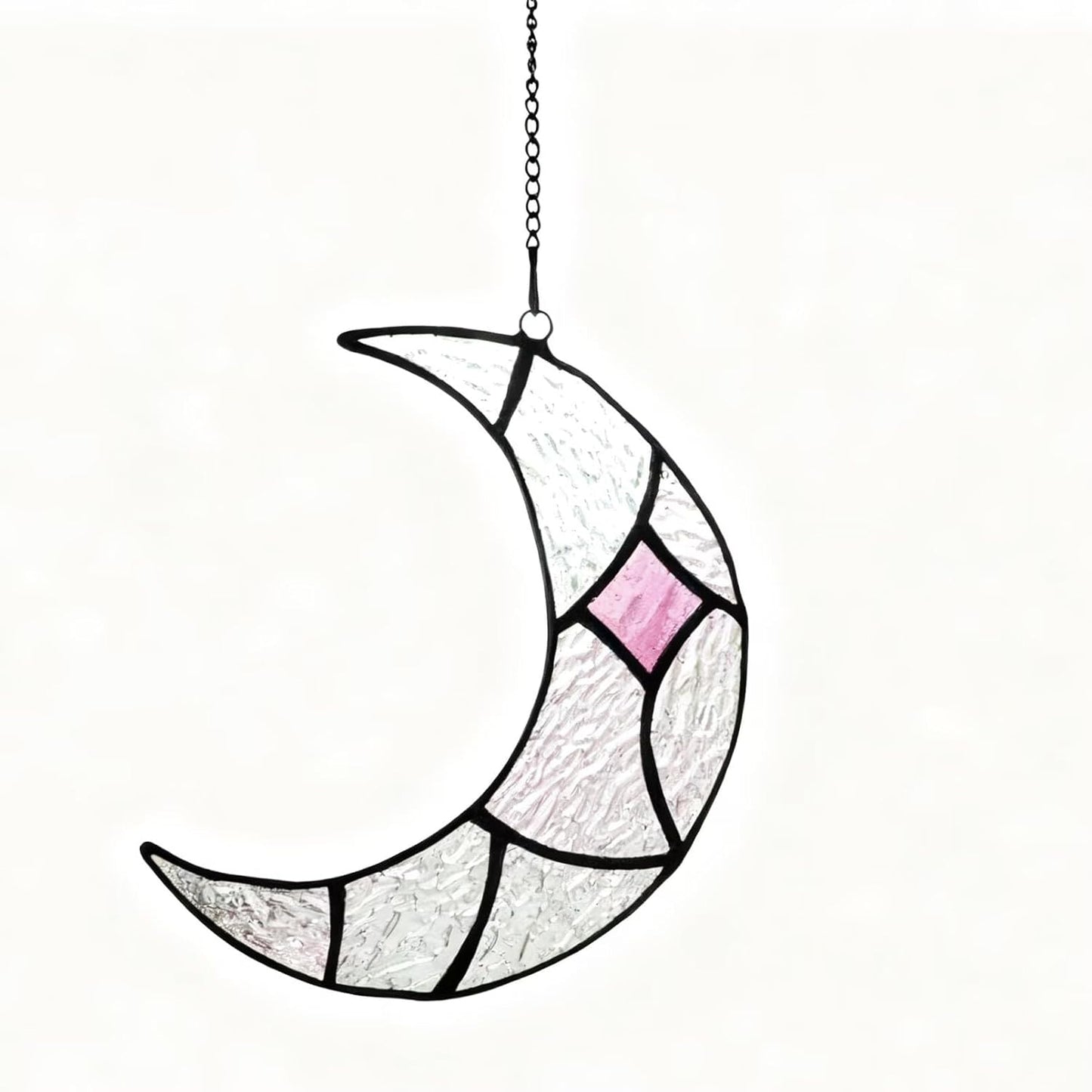 Moon Stained Glass Window Hanging Suncatchers，Handcrafted Art Glass Crescent Moon Decorations Indoor Window Gift for Women, Christmas,Thanksgiving (Silver)