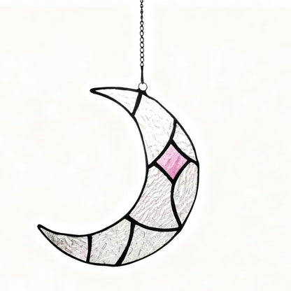 Moon Stained Glass Window Hanging Suncatchers，Handcrafted Art Glass Crescent Moon Decorations Indoor Window Gift for Women, Christmas,Thanksgiving (Silver)