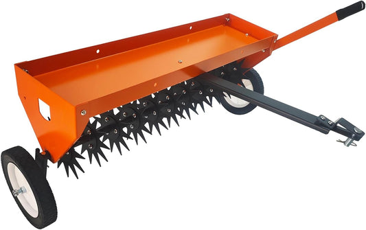Tow Behind Aerator 40 Inch with Steel Teeth and Transport Wheels, Adjustable Handle Pull Behind Plug Aerator with Tray for Farm Lawn Garden, Durable Lawn Aeration Tool