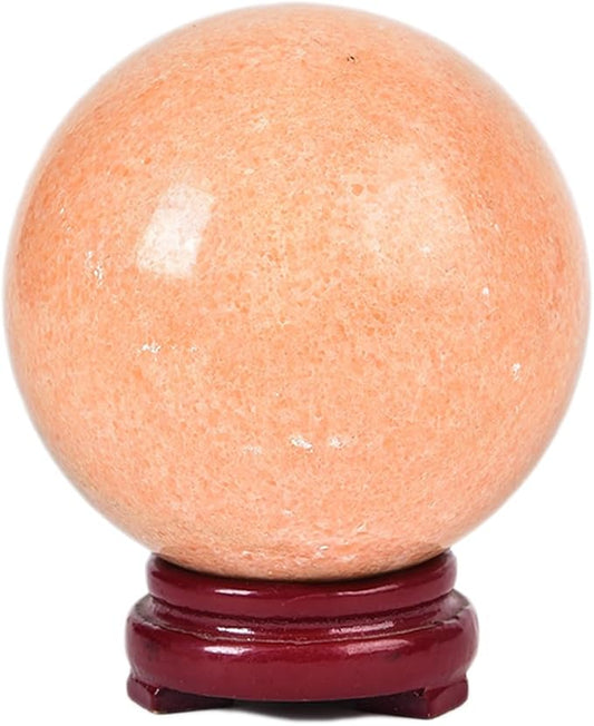 JIC Gem Natural Sunstone Sphere Ball with Wooden Stand for Fengshui Rare Healing Crystal Ball Decoation Meditation Energy Reiki Ball (90-100mm)